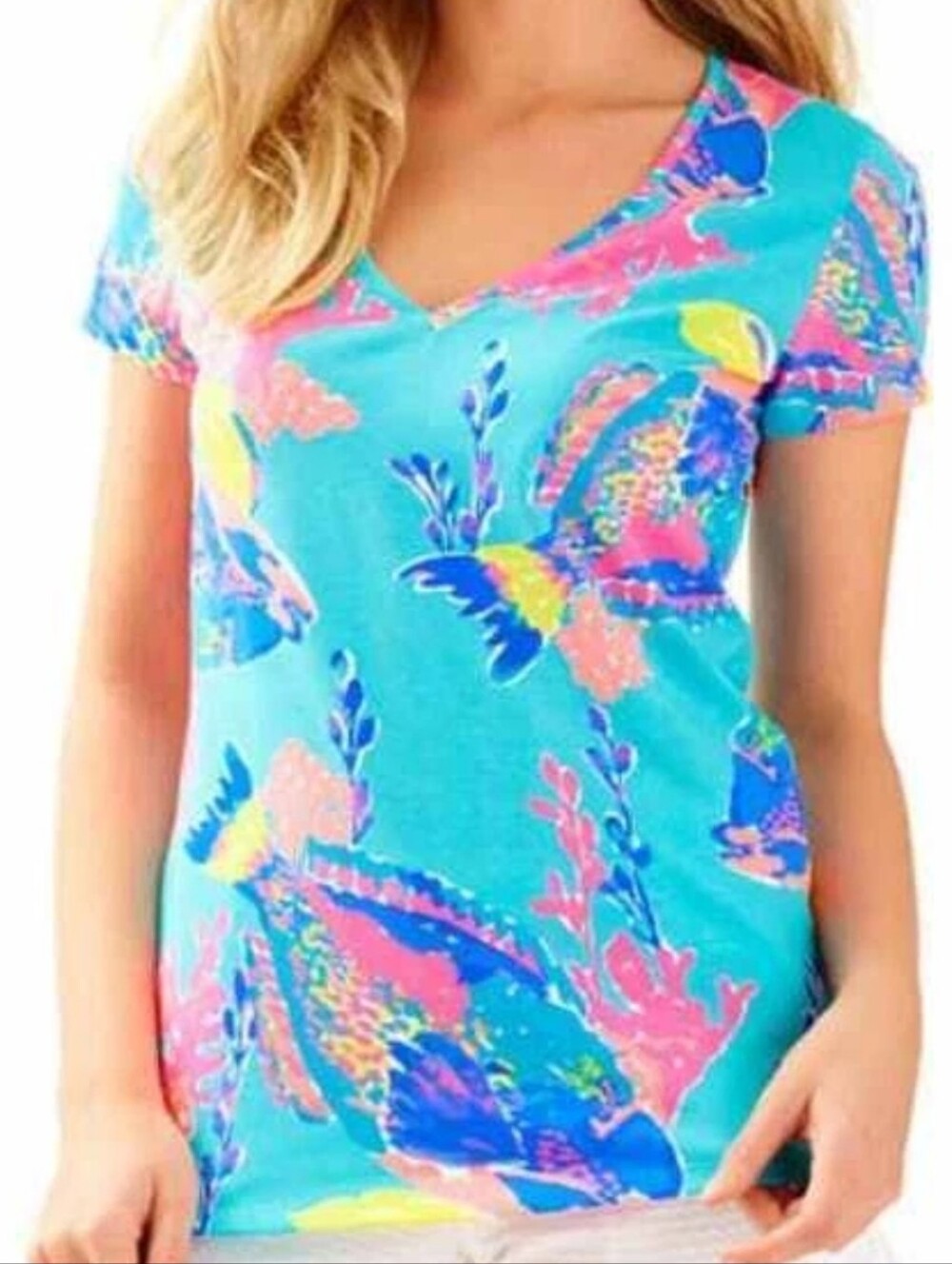 Lilly Pulitzer MICHELE V NECK TOP Shorely Blue Sandstorm CORALS FISH Large